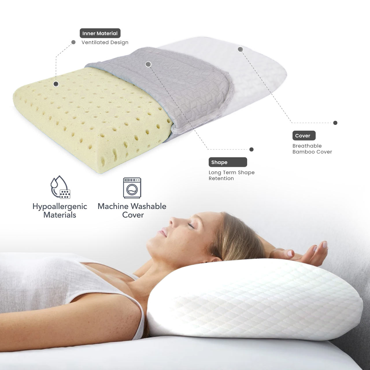 Breathable Memory Foam Pillow 40x60x13cm with Removable Cover - White - Cotton Home