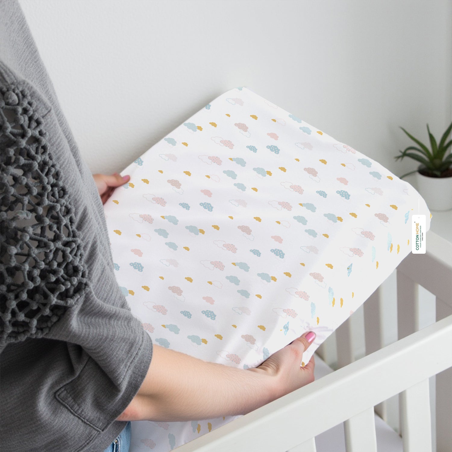 Premium Cotton 2PC Crib Sheets (120x60 cm) Soft, Breathable, Fitted Baby Mattress Sheets Pastel Clouds