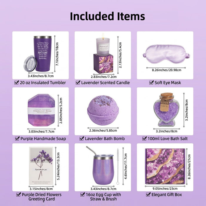 Bath Gift Box Set – Luxe Purple Spa Care Package with 8 Relaxing Self-Care Items for Women, Mom, Wife, Sister, Friends