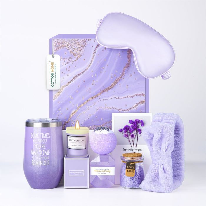 Bath Gift Box Set – Luxe Violet Spa Care Package with 9 Relaxing Self-Care Items for Women, Mom, Wife, Sister, Friends