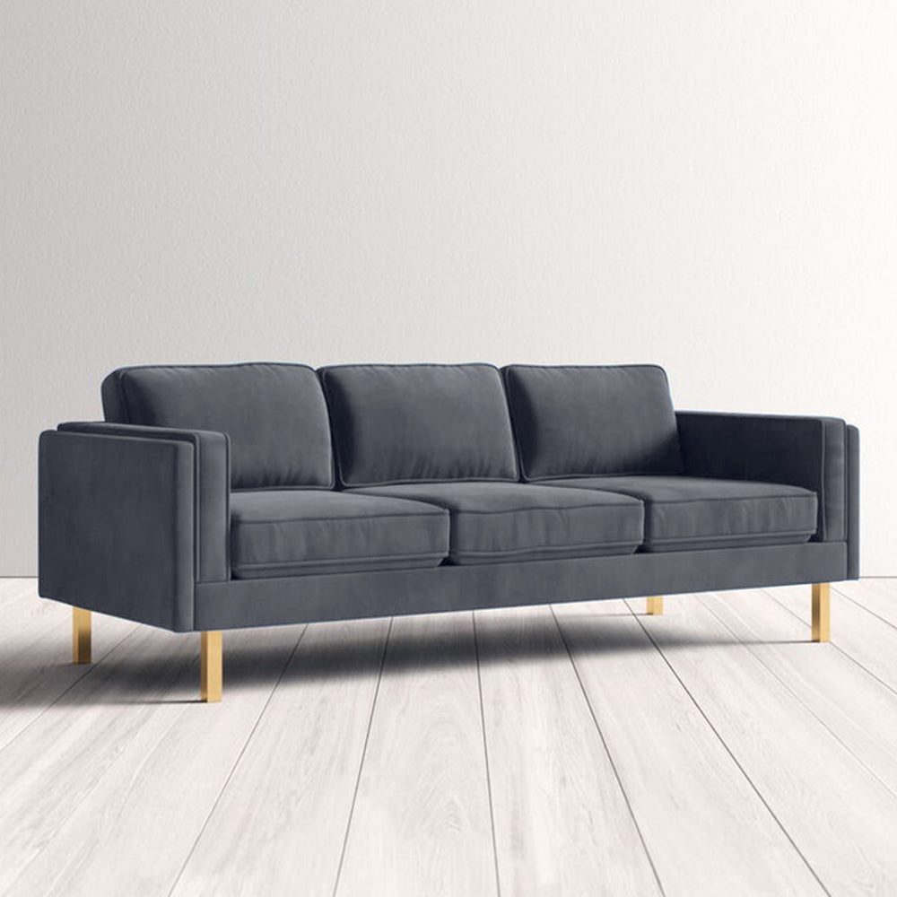 Nebula Grey Velvet 3-Seater Sofa with Square Arms - Luxury Living Room Seating, L220cm x W86cm x H81cm - Cotton Home