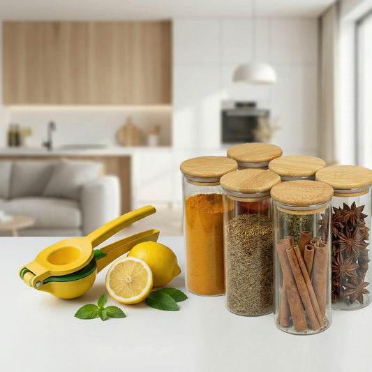 Kitchen Essentials Bundle – Lemon Squeezer & Glass Storage Jar Set with Bamboo Lids (6 PCS)