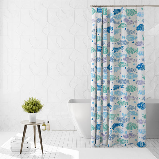 Shower Curtain Printed Fabric with Hooks 180x180 Cm - Aqua - Cotton Home