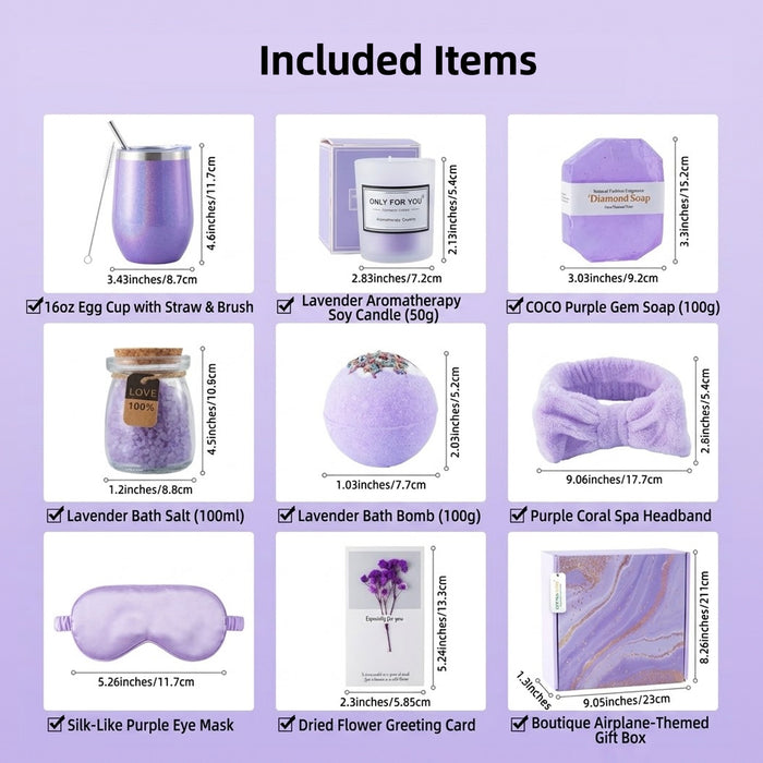 Bath Gift Box Set – Luxe Violet Spa Care Package with 9 Relaxing Self-Care Items for Women, Mom, Wife, Sister, Friends