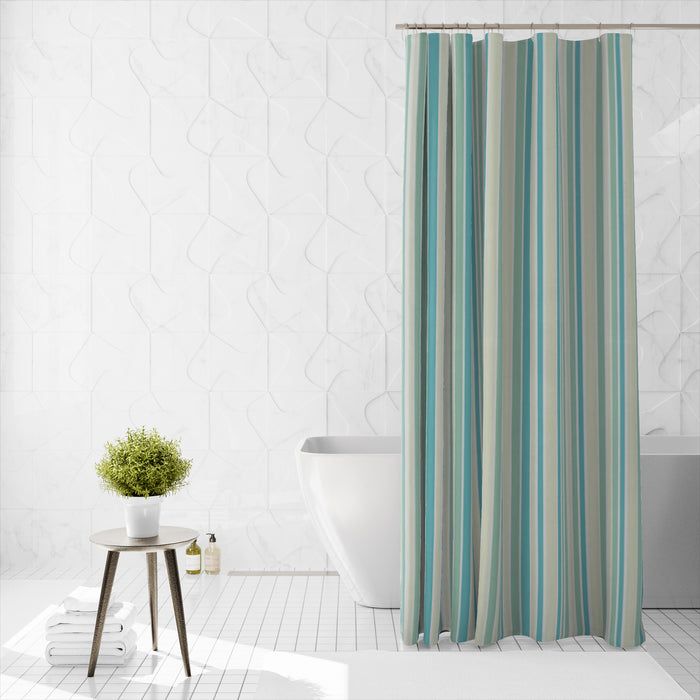 Shower Curtain Printed Fabric with Hooks 180x180 Cm - Prime Stripers Green - Cotton Home