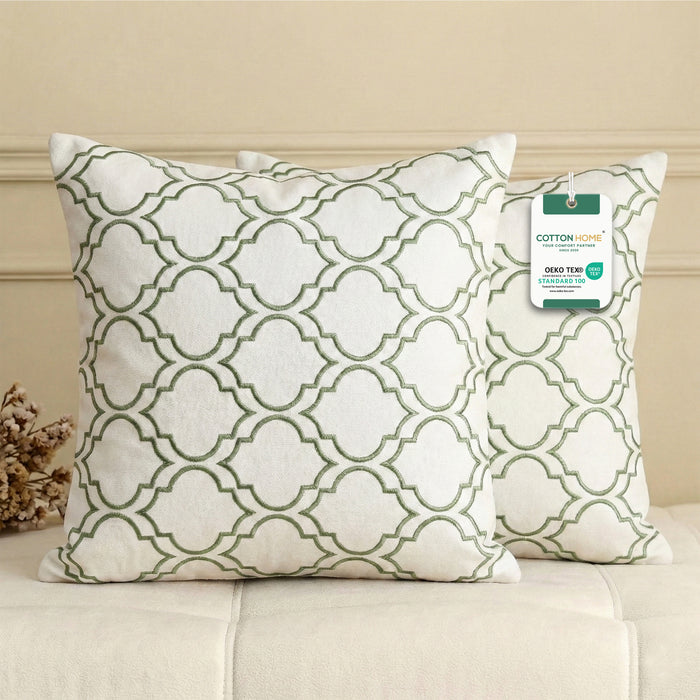 Embroidered Cotton Decorative Throw Pillows Pack of 2 - 45x45 cm Green Modern Quatrefoil