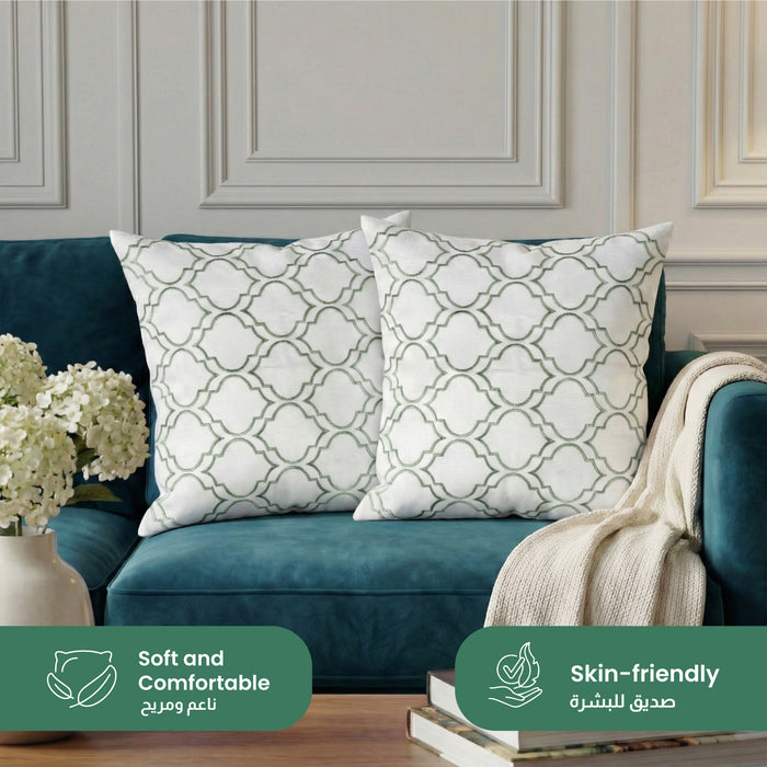 Embroidered Cotton Decorative Throw Pillows Pack of 2 - 45x45 cm Green Modern Quatrefoil