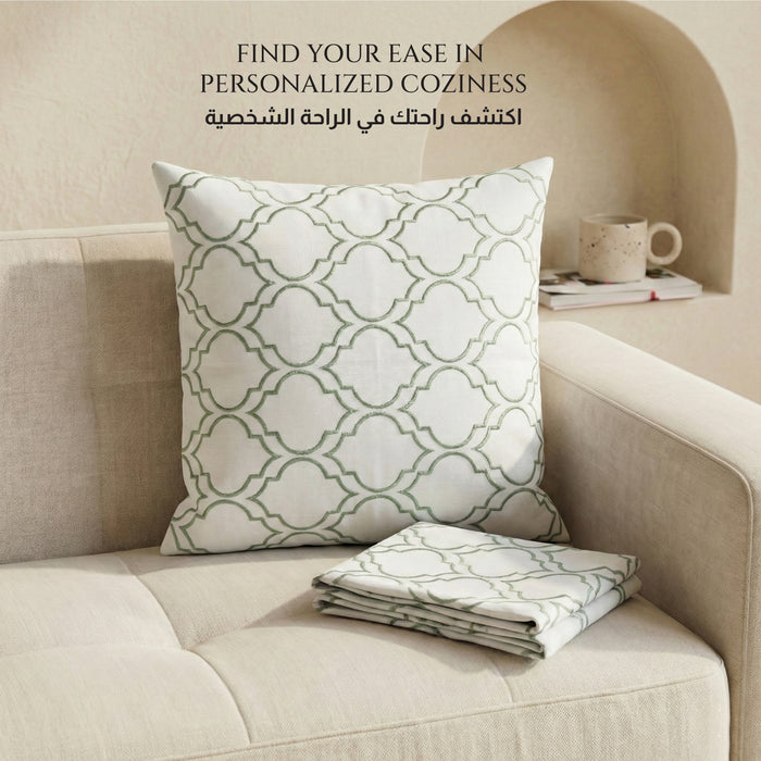 Embroidered Cotton Decorative Throw Pillows Pack of 2 - 45x45 cm Green Modern Quatrefoil