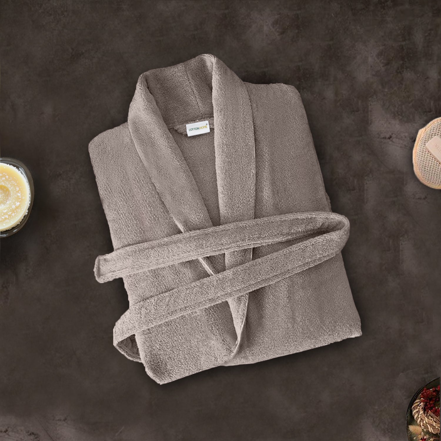 Premium Cotton Taupe Terry Bathrobe with Pockets Suitable for Men and Women, Soft & Warm Terry Home Bathrobe, Sleepwear Loungewear, One Size Fits All - Cotton Home