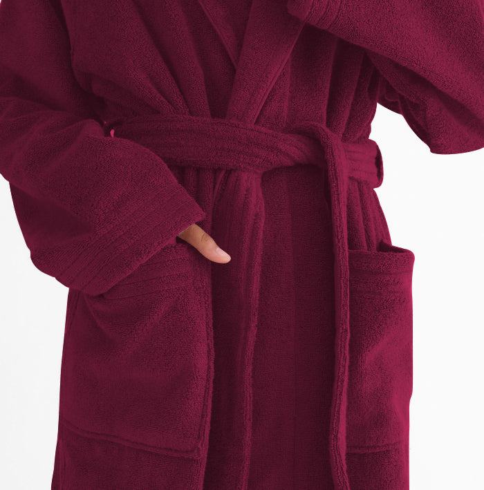 Premium Cotton Burgundy Terry Bathrobe with Pockets Suitable for Men and Women, Soft & Warm Terry Home Bathrobe, Sleepwear Loungewear, One Size Fits All - Cotton Home