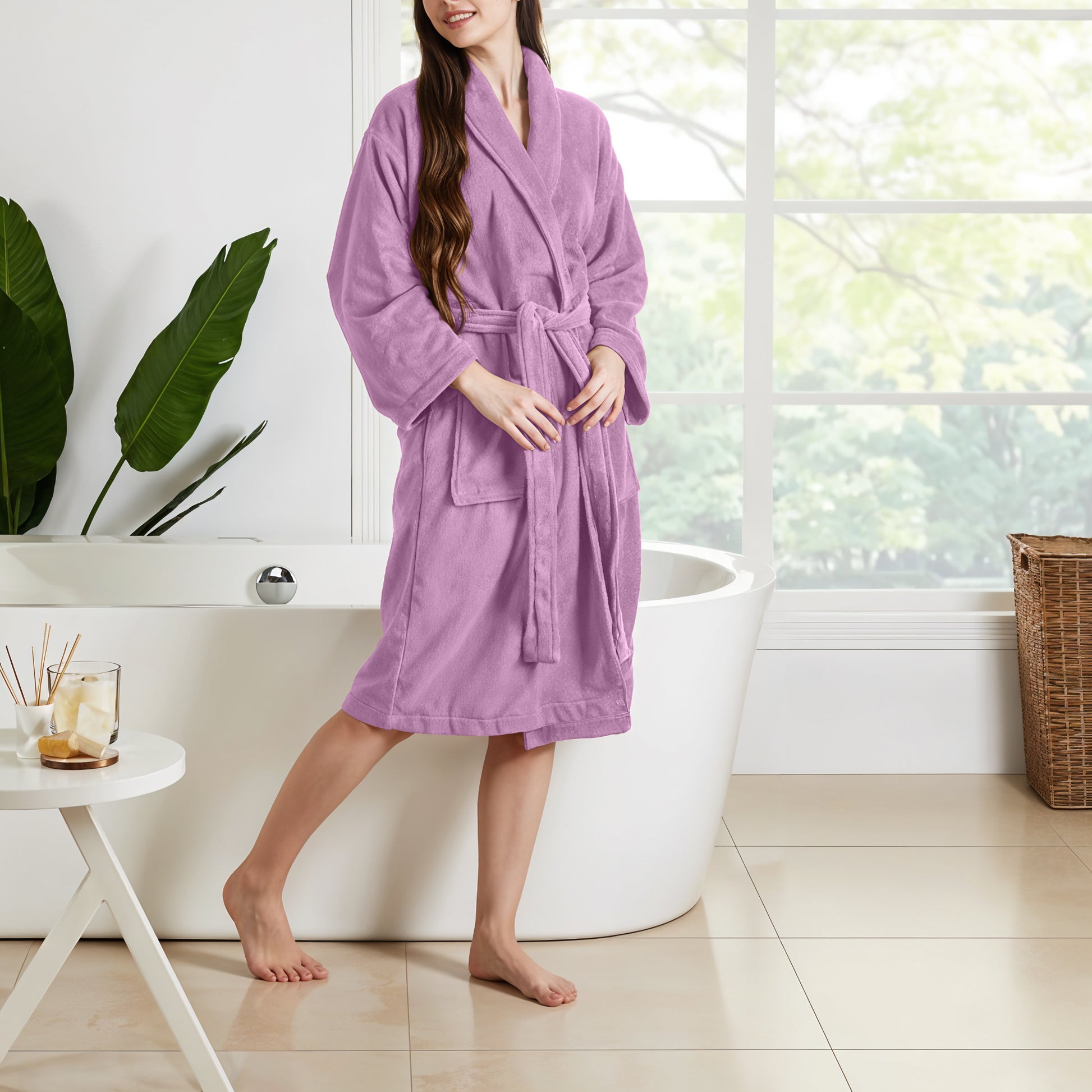 Premium Cotton Lavender Terry Bathrobe with Pockets Suitable for Men and Women, Soft & Warm Terry Home Bathrobe, Sleepwear Loungewear, One Size Fits All - Cotton Home