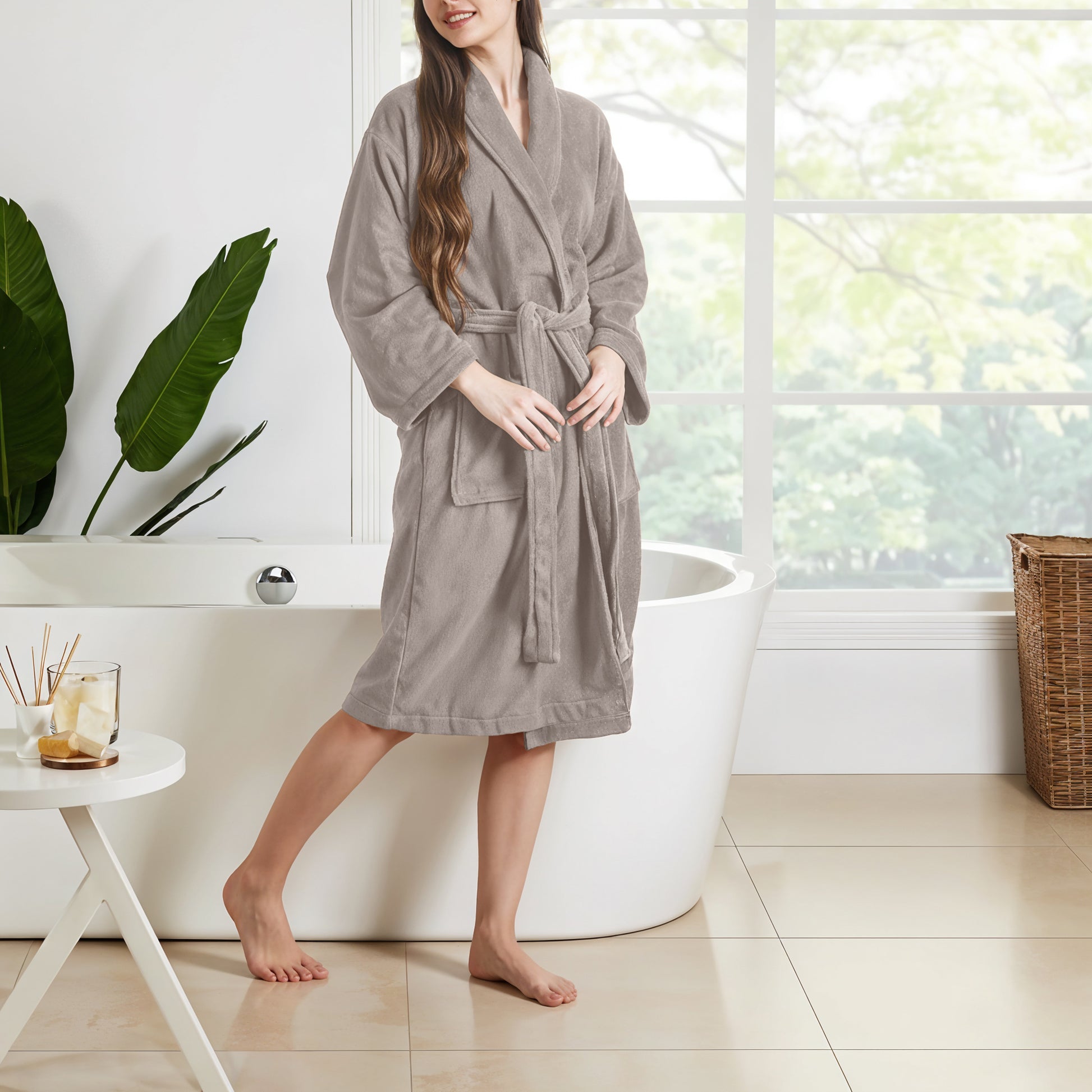 Premium Cotton Taupe Terry Bathrobe with Pockets Suitable for Men and Women, Soft & Warm Terry Home Bathrobe, Sleepwear Loungewear, One Size Fits All - Cotton Home