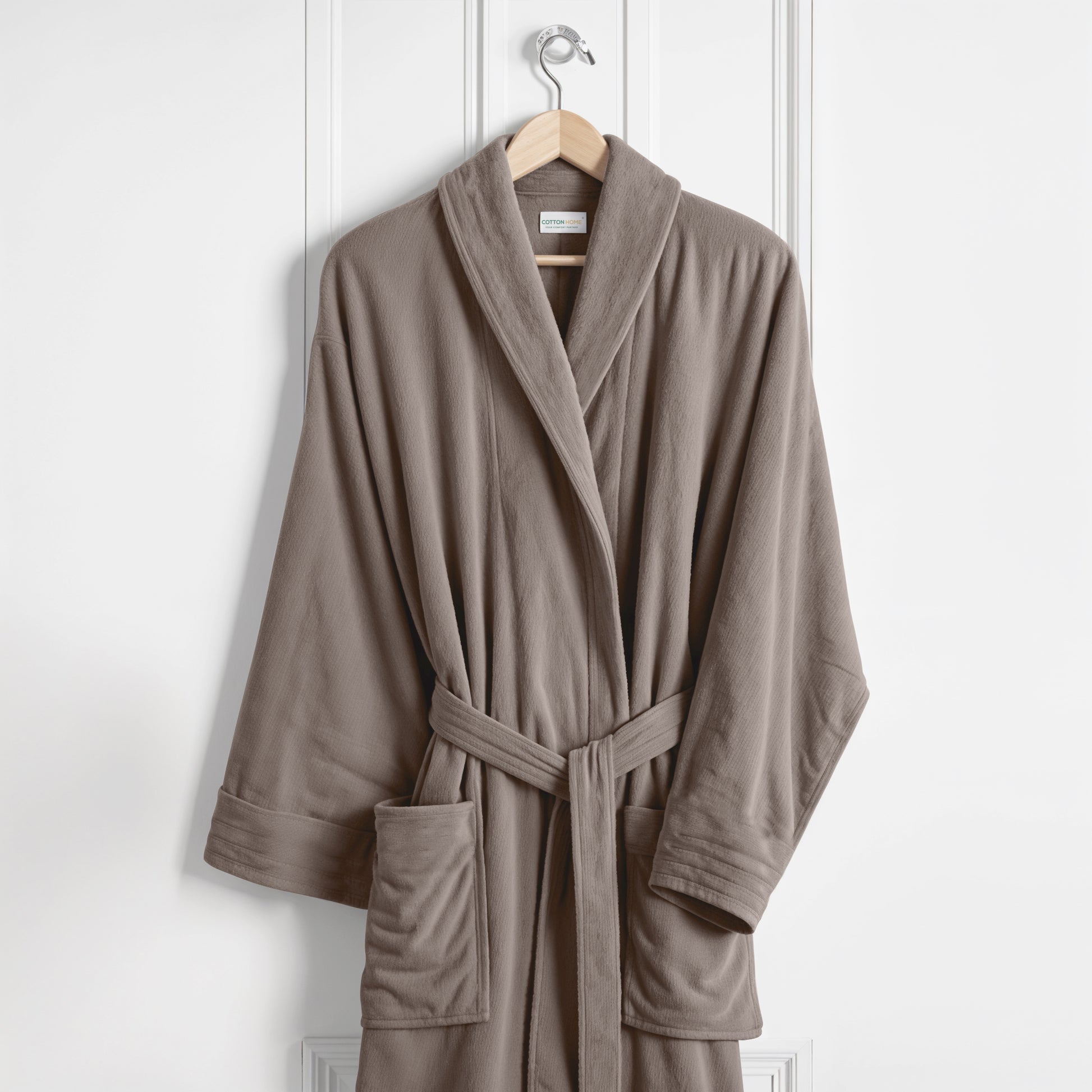 Premium Cotton Taupe Terry Bathrobe with Pockets Suitable for Men and Women, Soft & Warm Terry Home Bathrobe, Sleepwear Loungewear, One Size Fits All - Cotton Home