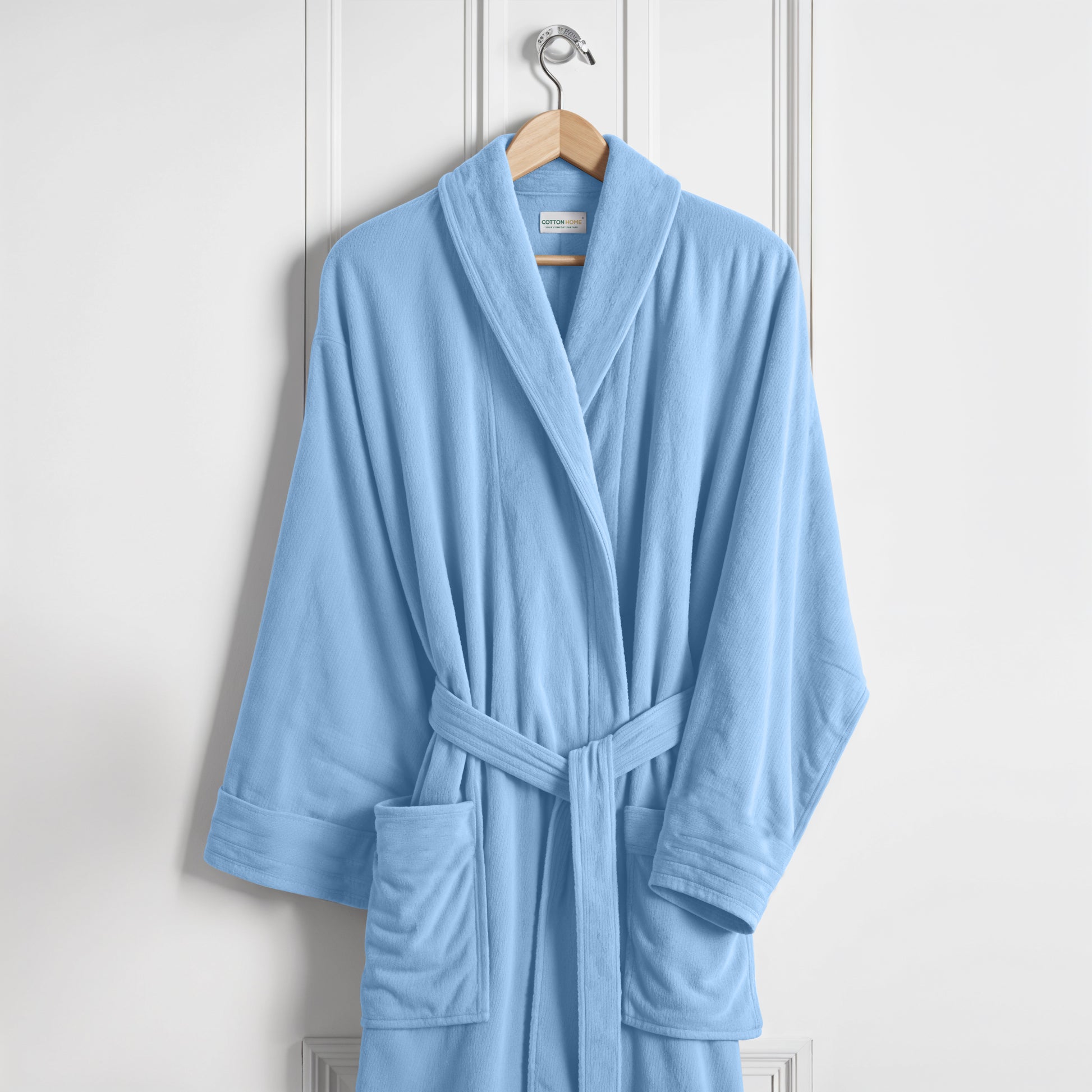 Premium Cotton Sky Blue Terry Bathrobe with Pockets Suitable for Men and Women, Soft & Warm Terry Home Bathrobe, Sleepwear Loungewear, One Size Fits All - Cotton Home