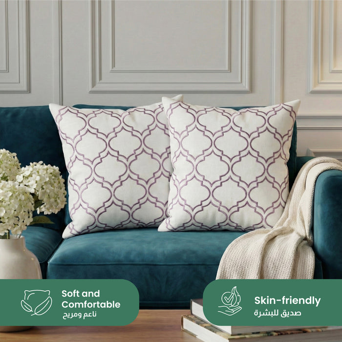 Embroidered Cotton Decorative Throw Pillows Pack of 2 - 45x45 cm Pink Modern Quatrefoil