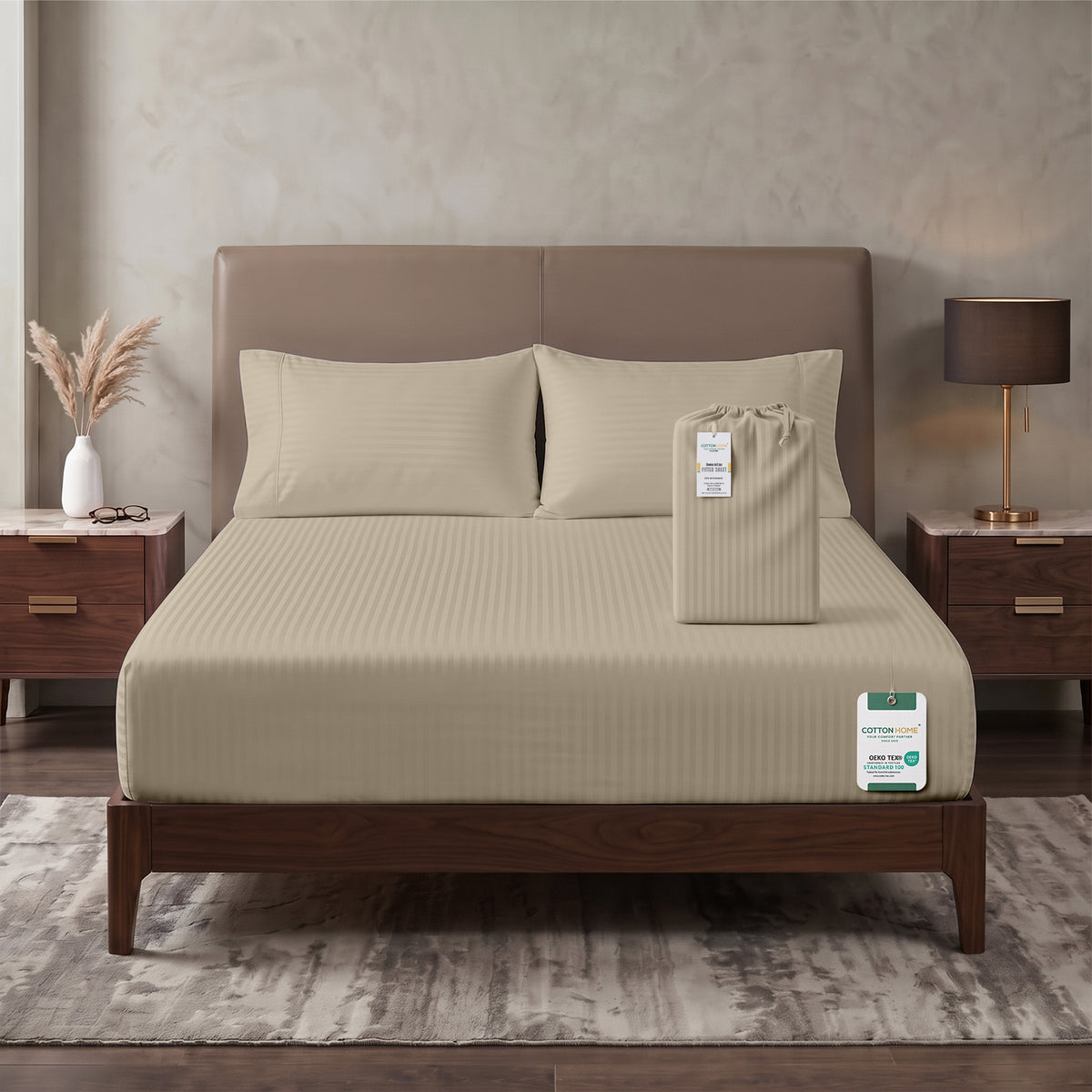 Premium Cotton Fitted Bedsheet 500TC Stripe High Quality 200x200cm Beige Birge