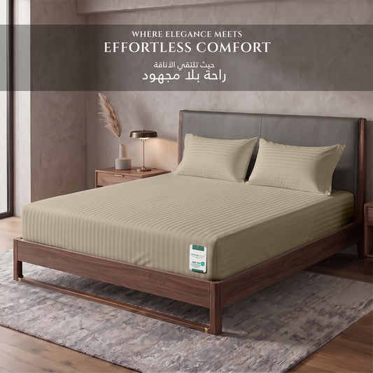 Premium Cotton Fitted Bedsheet 500TC Stripe High Quality 200x200cm Beige Birge