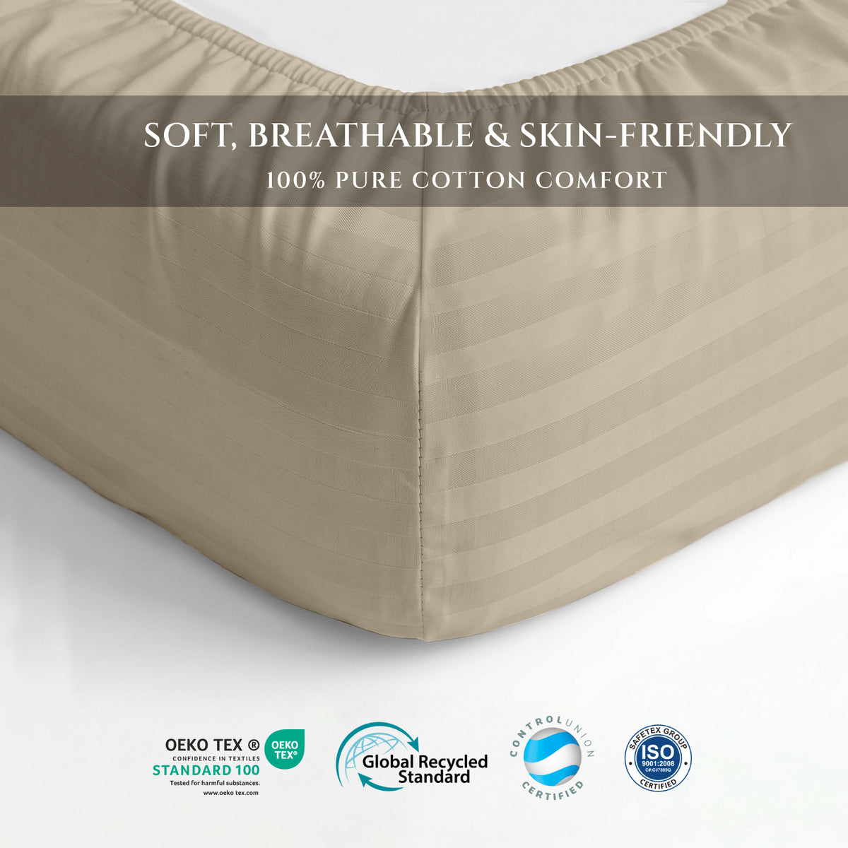 Premium Cotton Fitted Bedsheet 500TC Stripe High Quality 200x200cm Beige Birge