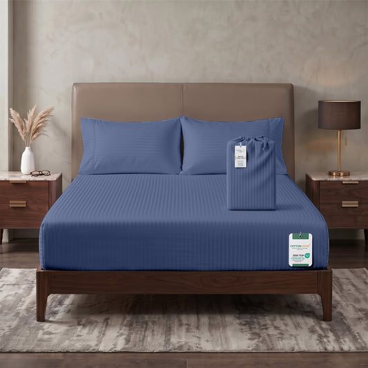 Premium Cotton Fitted Bedsheet 500TC Stripe High Quality 200x200cm Blue Grey