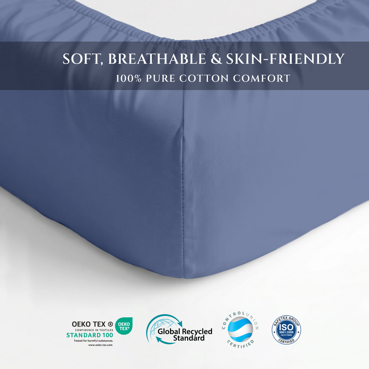 Premium Cotton Fitted Bedsheet 500TC High Quality 160x200cm Blue Grey