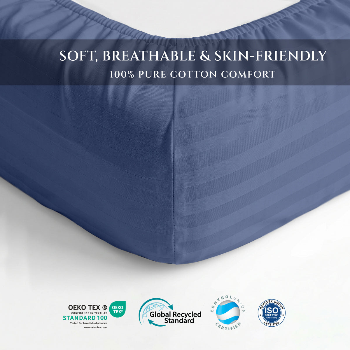 Premium Cotton Fitted Bedsheet 500TC Stripe High Quality 120x200cm Blue Grey