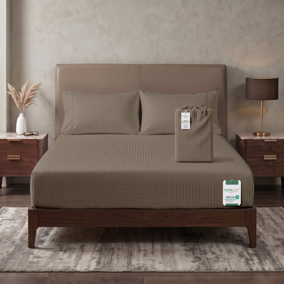 Premium Cotton Fitted Bedsheet 500TC Stripe High Quality 160x200cm Champagne