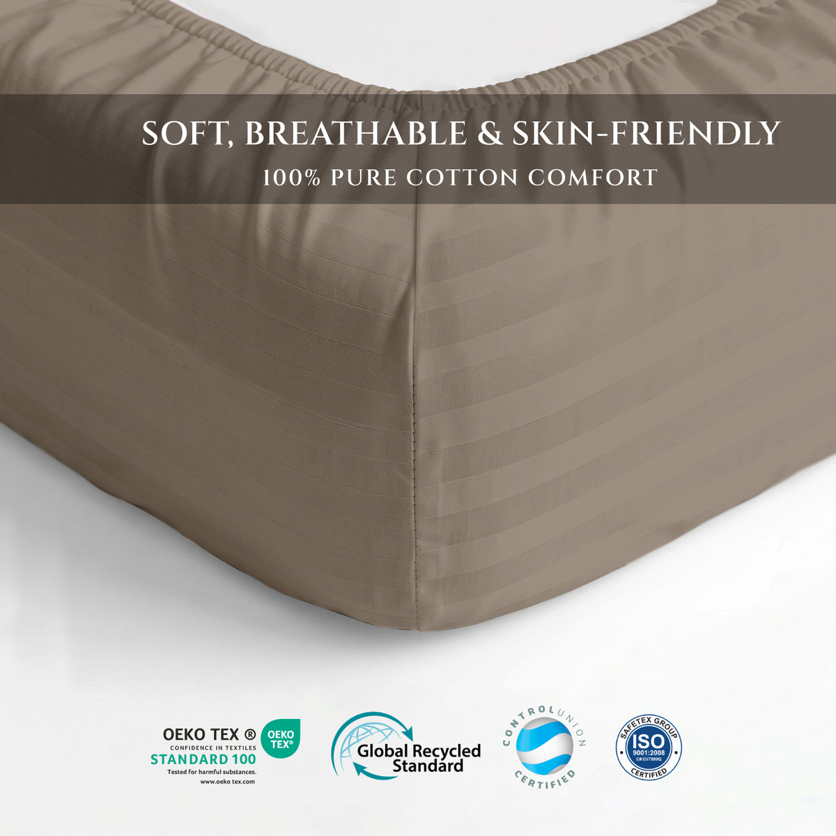 Premium Cotton Fitted Bedsheet 500TC Stripe High Quality 160x200cm Champagne