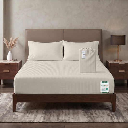 Premium Cotton Fitted Bedsheet 500TC Stripe High Quality 120x200cm Cream Canoli