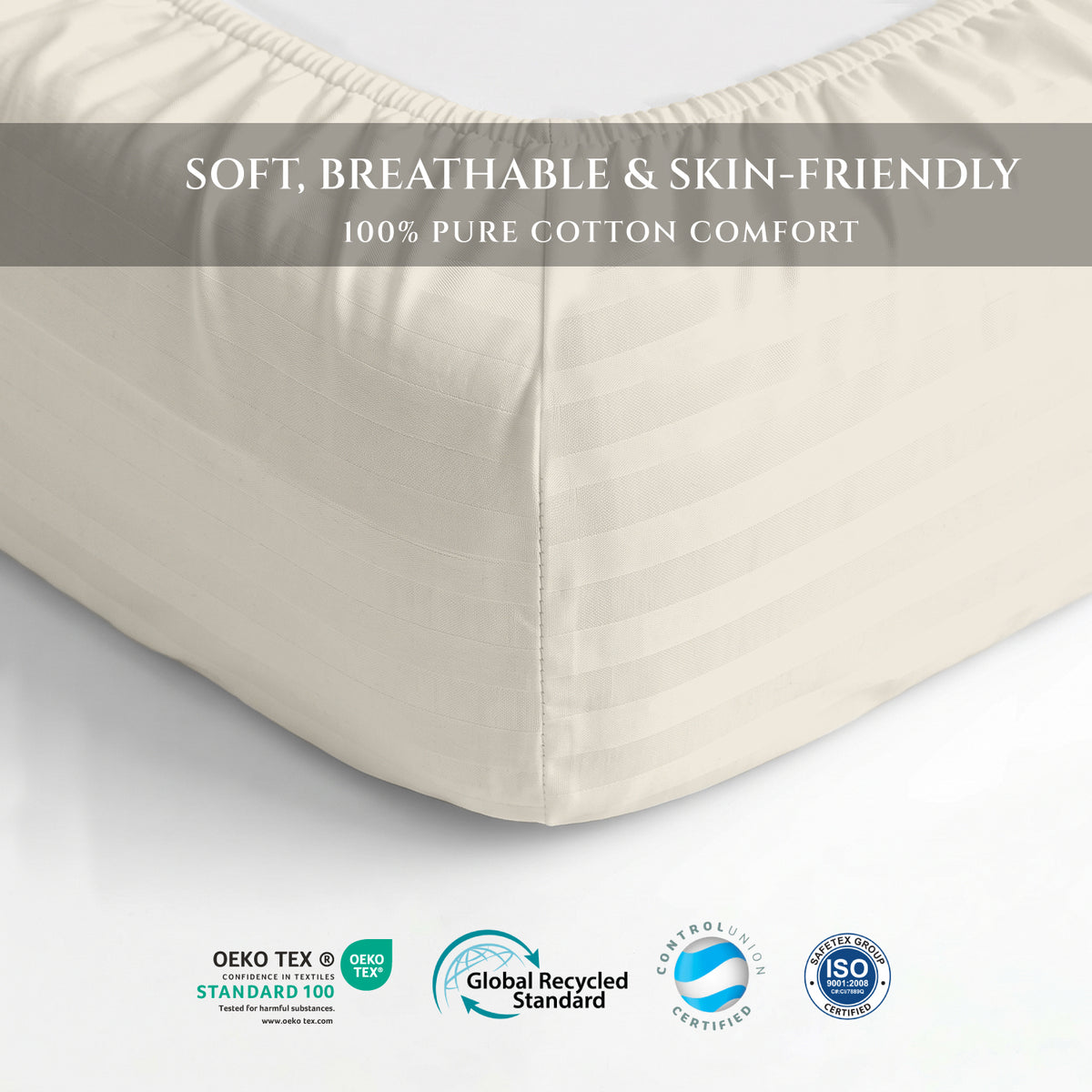 Premium Cotton Fitted Bedsheet 500TC Stripe High Quality 120x200cm Cream Canoli