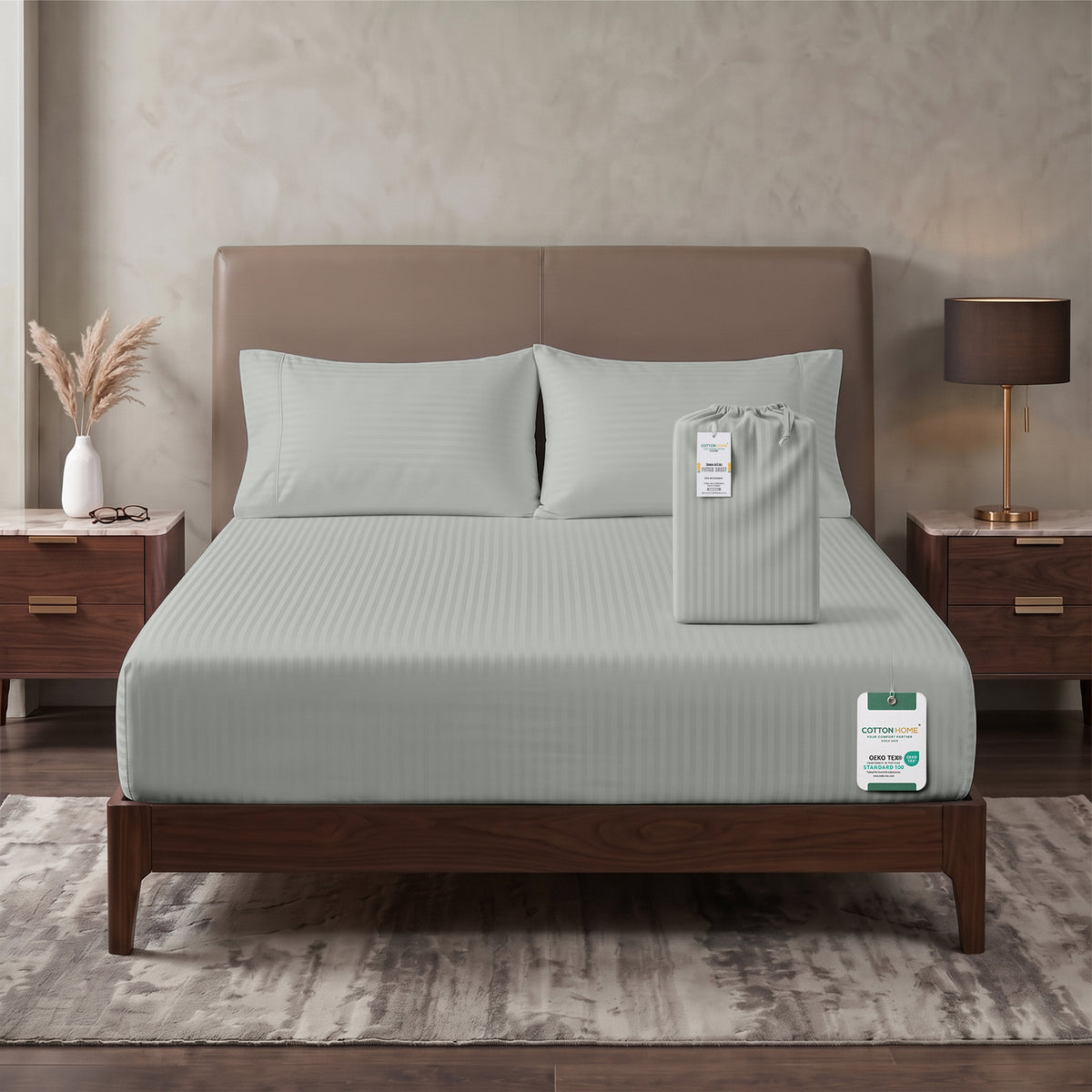 Premium Cotton Fitted Bedsheet 500TC Stripe High Quality 200x200cm Foggy Stone
