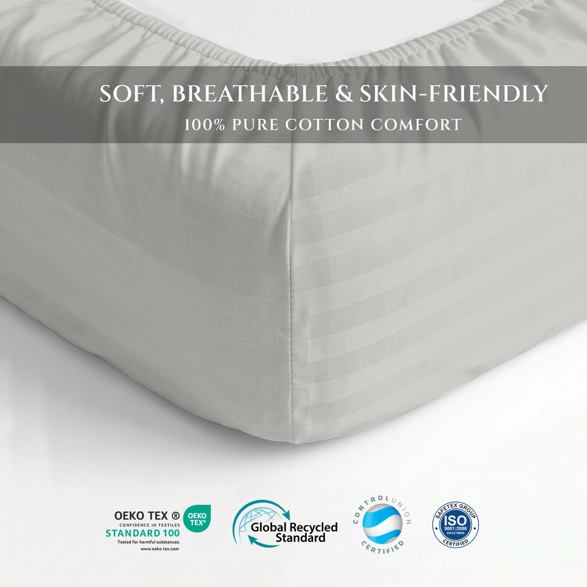 Premium Cotton Fitted Bedsheet 500TC Stripe High Quality 200x200cm Foggy Stone
