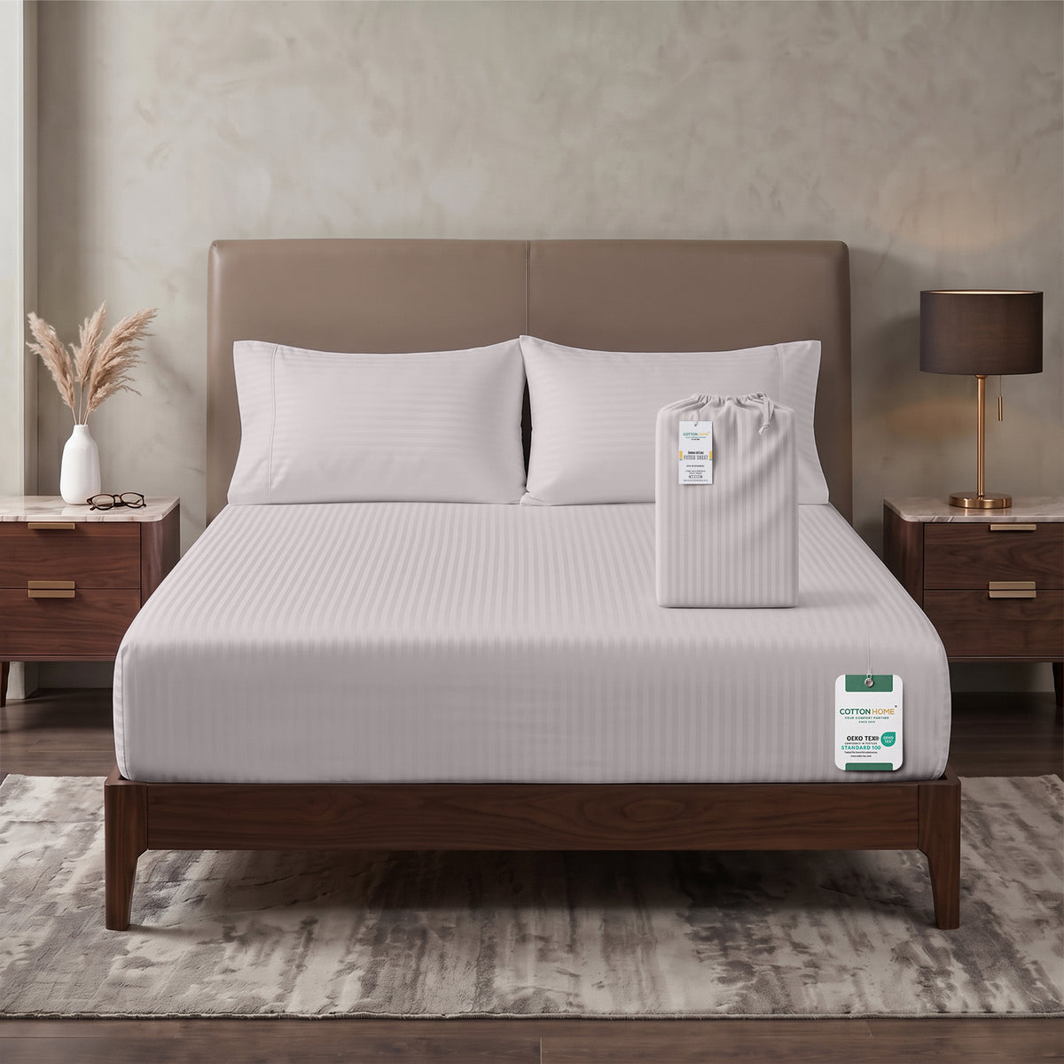 Premium Cotton Fitted Bedsheet 500TC Stripe High Quality 120x200cm Light Grey