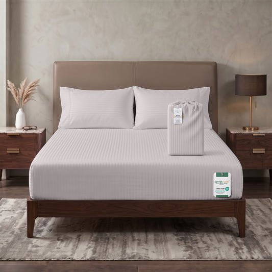 Premium Cotton Fitted Bedsheet 500TC Stripe High Quality 200x200cm Light Grey