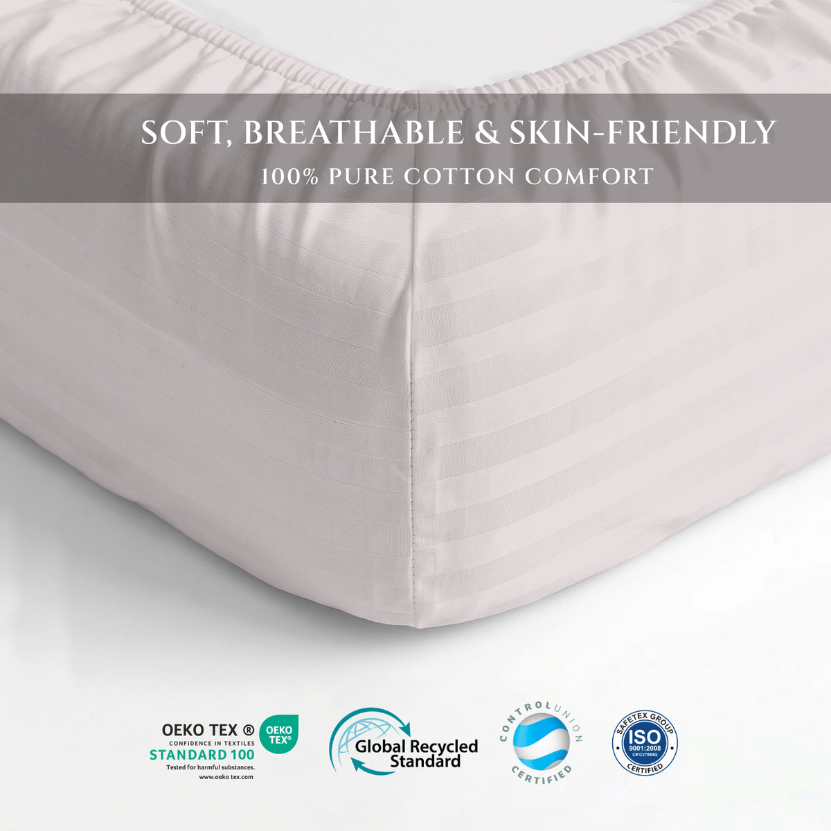 Premium Cotton Fitted Bedsheet 500TC Stripe High Quality 120x200cm Light Grey