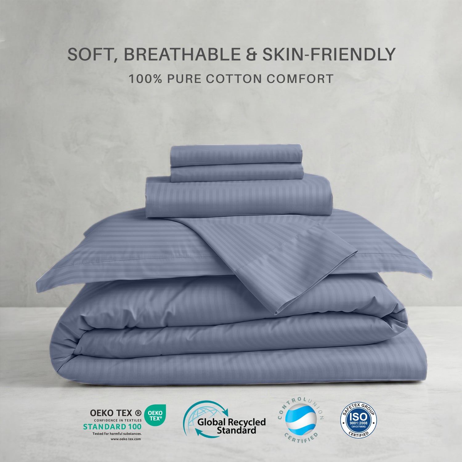 Egyptian Cotton 6 Piece Stripe Duvet Cover Set 220x240cm Blue Grey