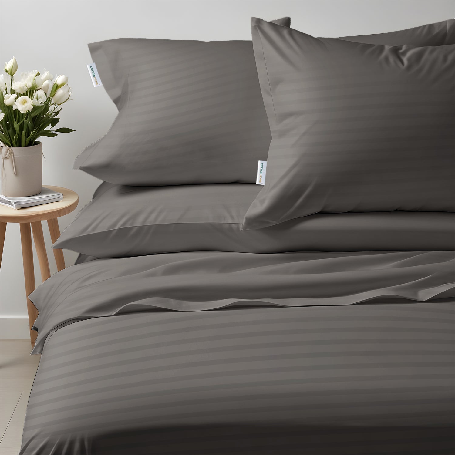 Premium High Quality Cotton 250TC Queen Stripe 6 Piece Duvet Cover Set 220x240cm Grey - Cotton Home