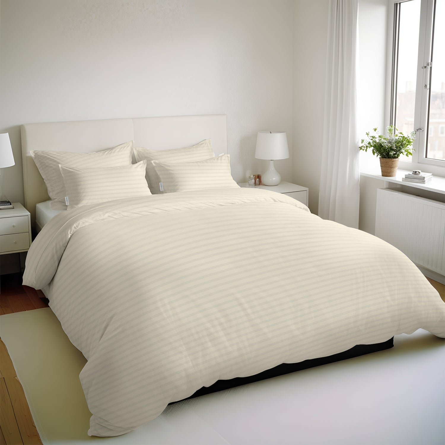 Premium High Quality Cotton 250TC Queen Stripe 6 Piece Duvet Cover Set 220x240cm Ivory - Cotton Home