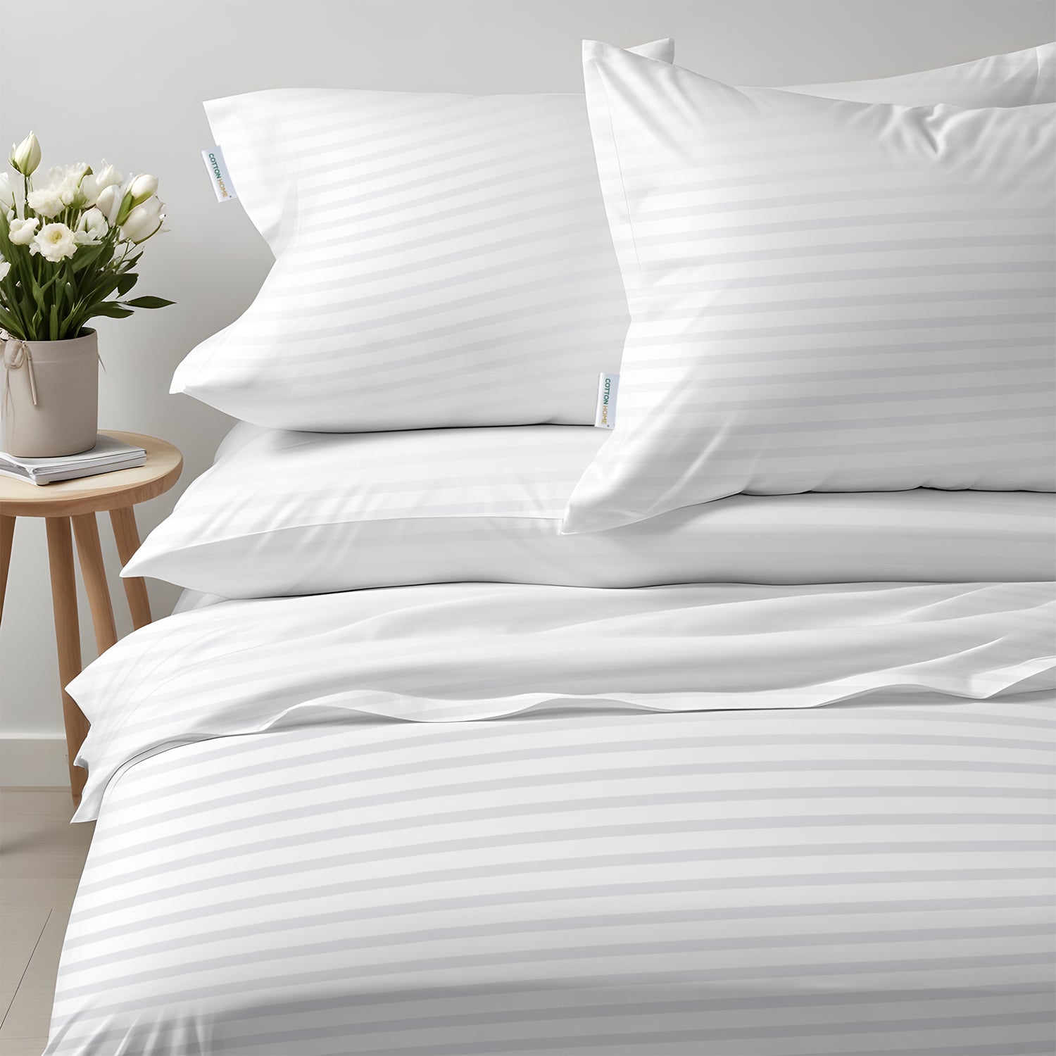 Premium High Quality Cotton 250TC Queen Stripe 6 Piece Duvet Cover Set 220x240cm White - Cotton Home