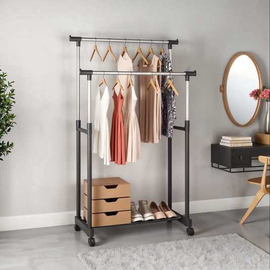 Clothes Rack – Double Rail Heavy-Duty Freestanding Metal Garment Organizer with Large Storage Capacity