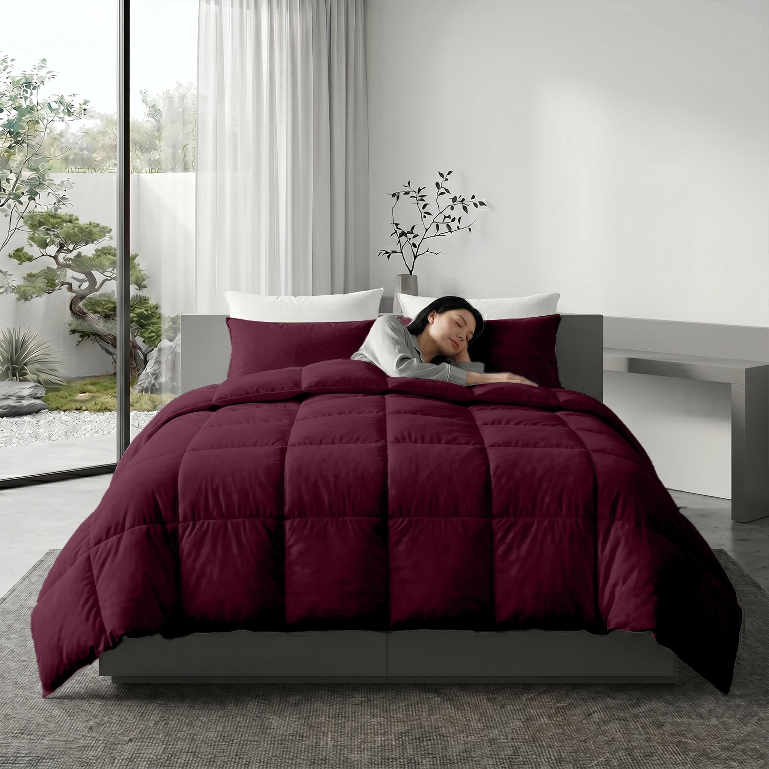 3PC Comforter Set Solid Dyed Microfiber Bordo 160×220cm