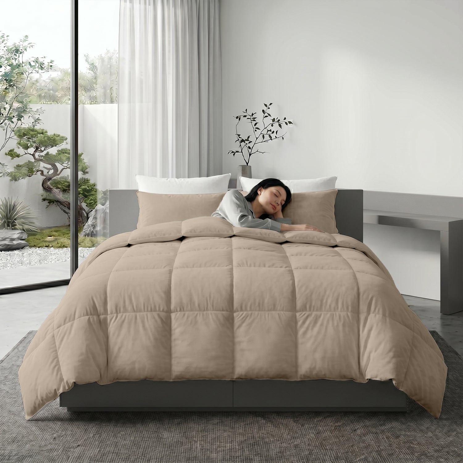 3PC Comforter Set Solid Dyed Microfiber Dark Beige 160×220cm