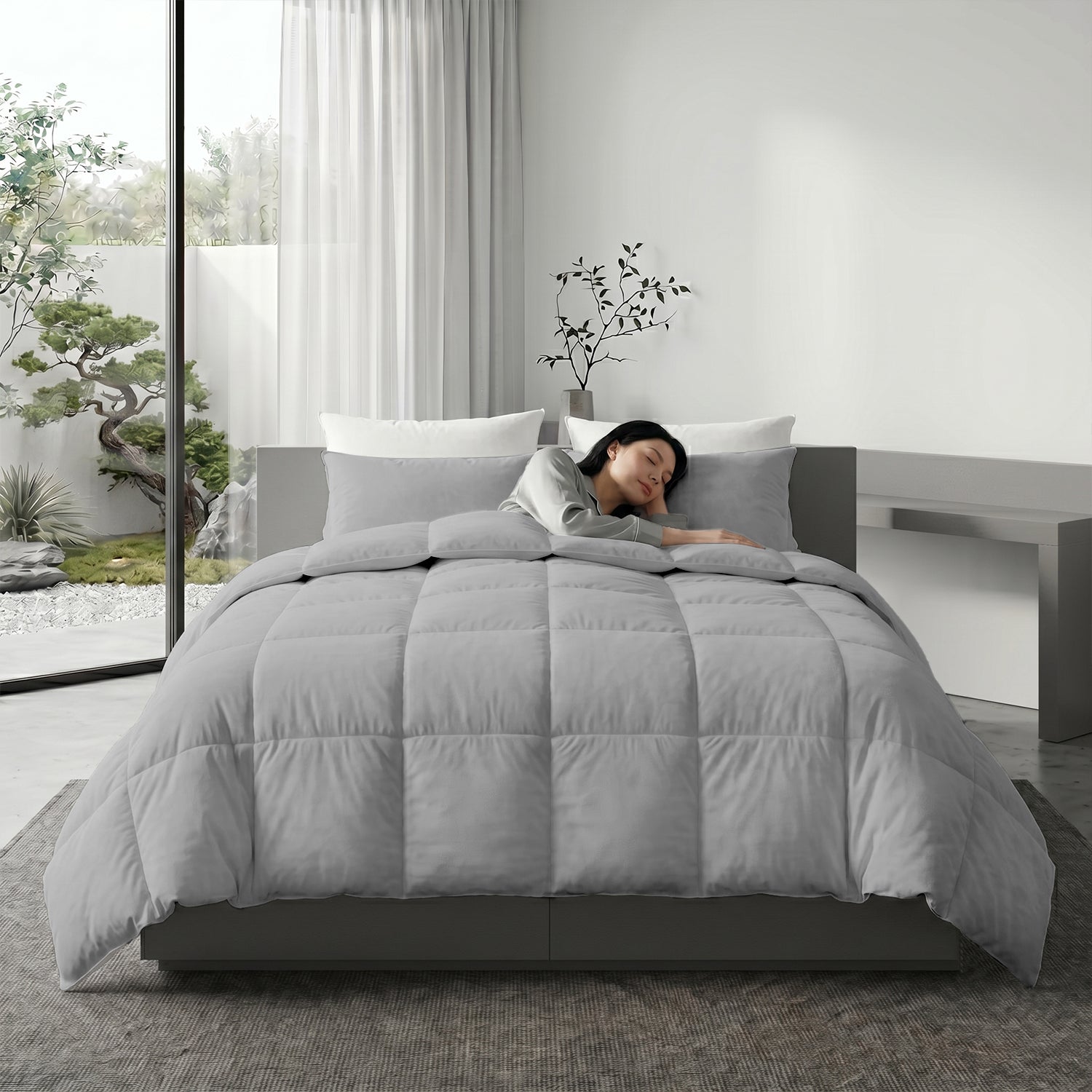 3PC Comforter Set Solid Dyed Microfiber Light Grey 220×240cm