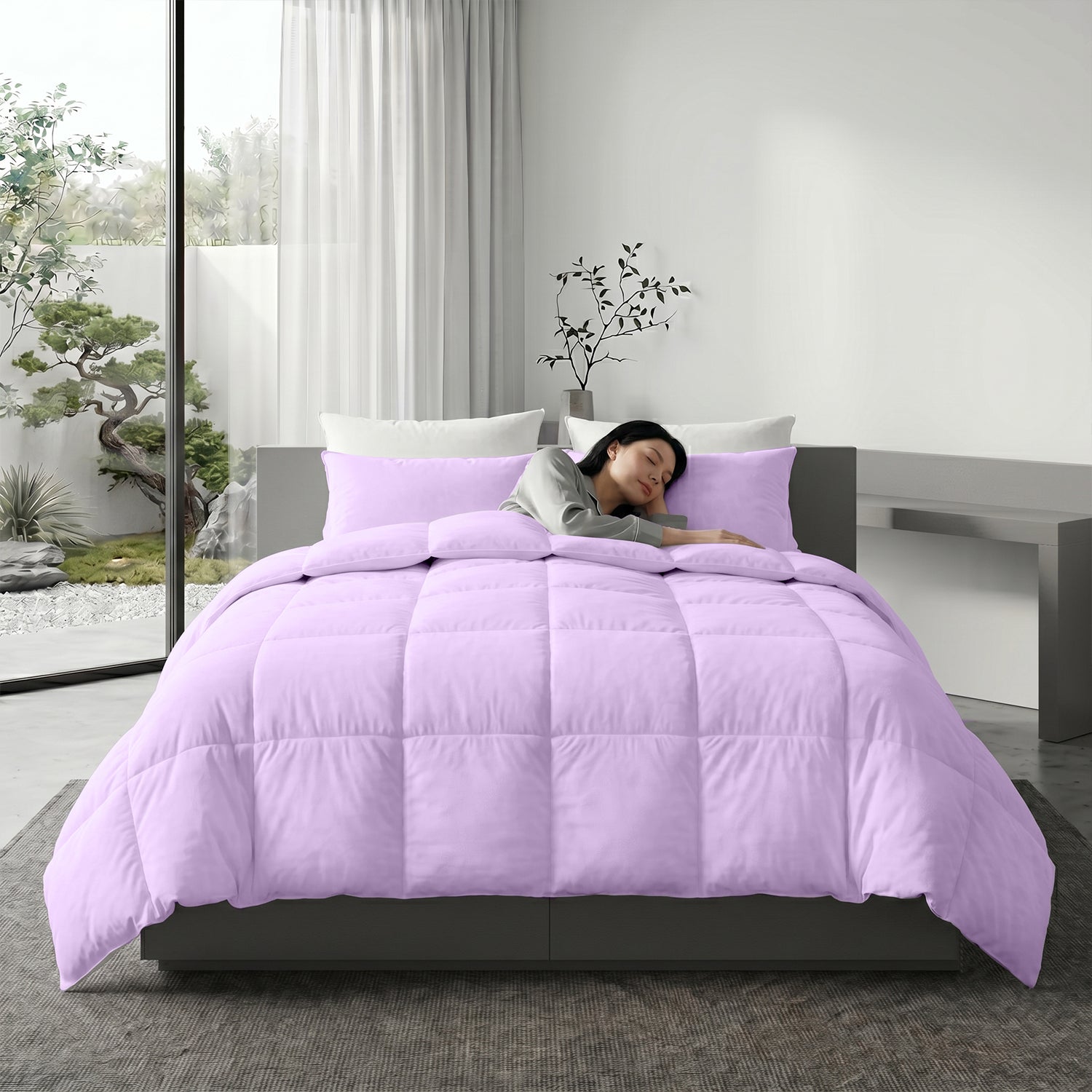 3PC Comforter Set Solid Dyed Microfiber Light Purple 160×220cm