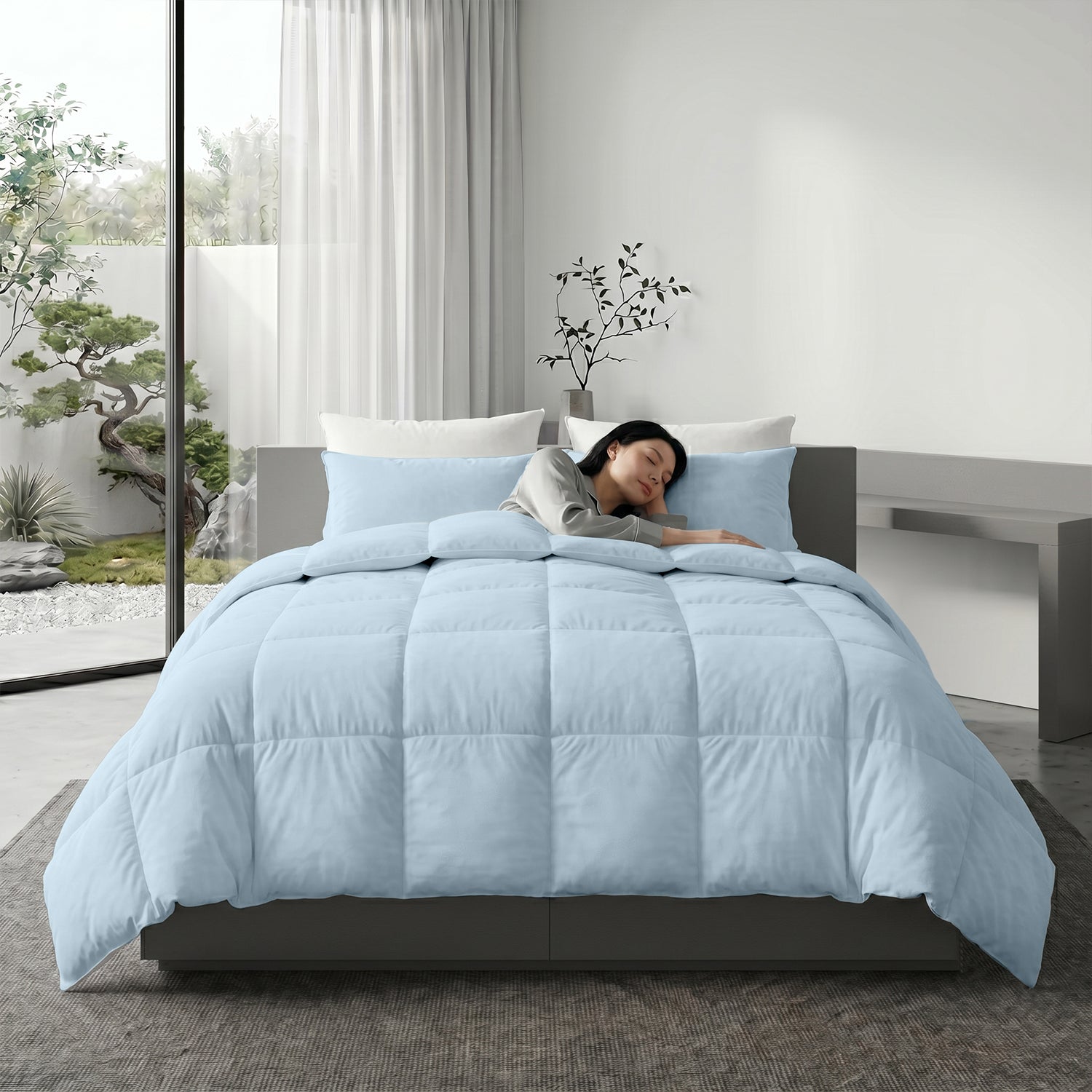 3PC Comforter Set Solid Dyed Microfiber Sky Blue 220×240cm