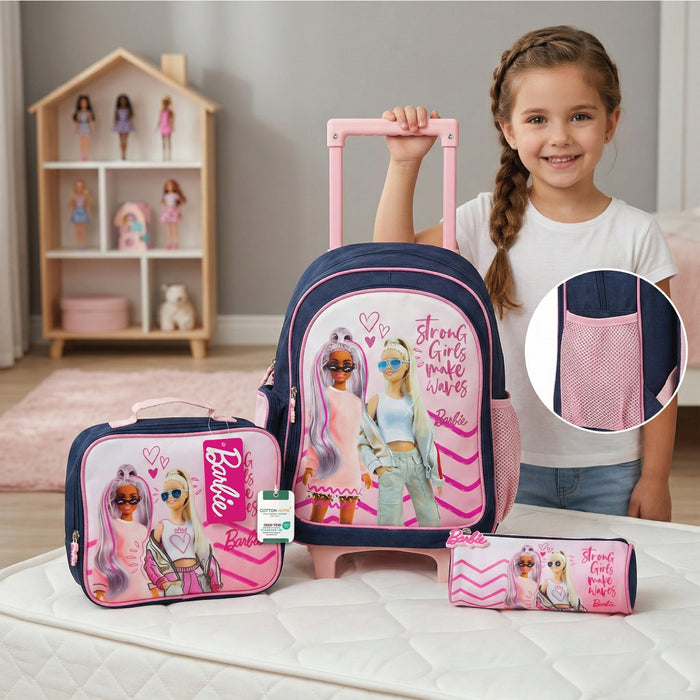Barbie 3-Piece School Trolly Bag Set – Lightweight Cartoon Character Bookbag with Large Storage Space for Boys & Girls