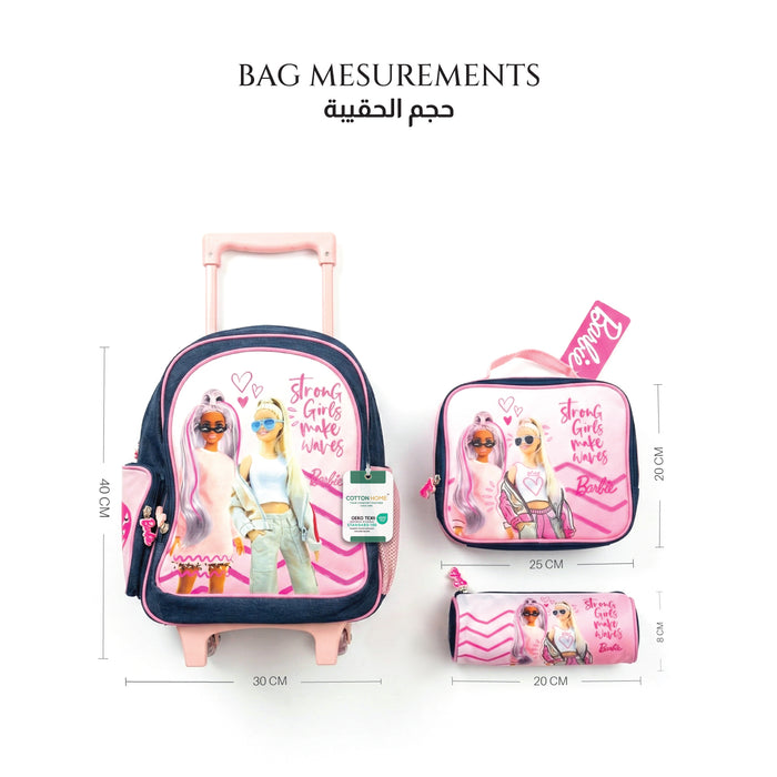 Barbie 3-Piece School Trolly Bag Set – Lightweight Cartoon Character Bookbag with Large Storage Space for Boys & Girls