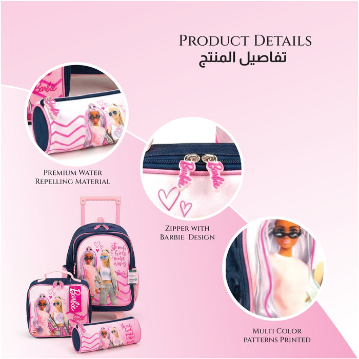 Barbie 3-Piece School Trolly Bag Set – Lightweight Cartoon Character Bookbag with Large Storage Space for Boys & Girls