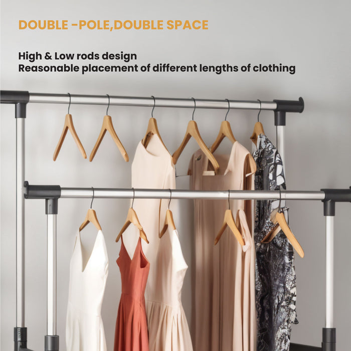Clothes Rack – Double Rail Heavy-Duty Freestanding Metal Garment Organizer with Large Storage Capacity