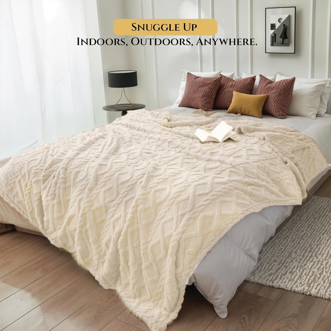 Premium Jacquard Blanket Double Size 220x240 Cream - Cotton Home