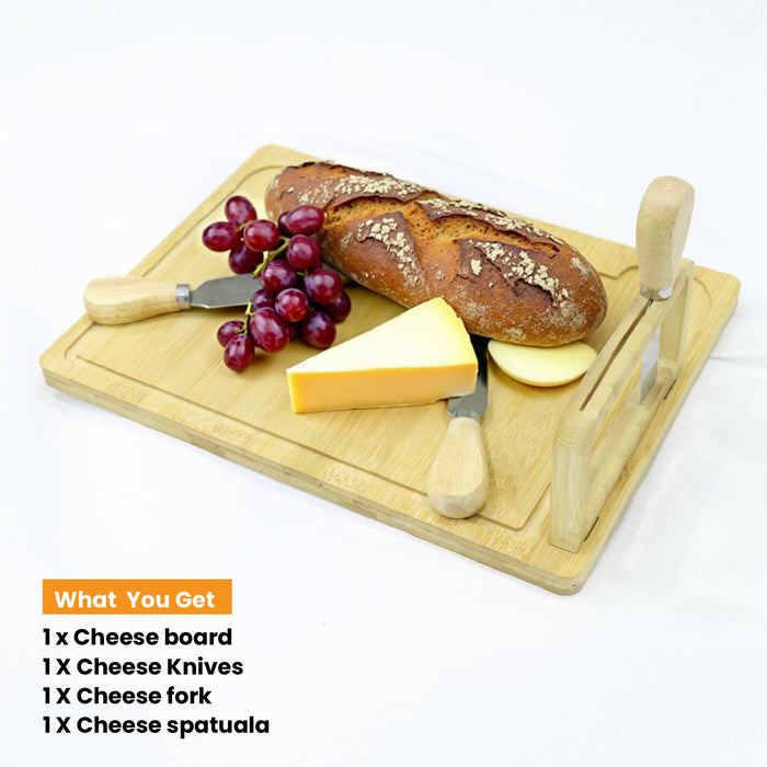 Bamboo Cheese Board & Serving Tray with 3 Stainless Steel Knives and Clasp Knife Holder